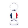 Silver metal beer bottle opener keychain with France flag emblem and glass dome - France Style