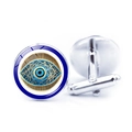 Macro view of blue evil eye cufflinks showing polished silver T-bar closure and round pattern - Mediterranean Precision Radial Pattern Style (JY009133-8)