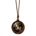 Capricorn zodiac wood necklace featuring a round crystal pendant on a braided rope cord - Capricorn