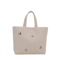 Chic beige tote bag with marble texture and silver butterfly charms for women - White