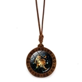 Retro wooden Leo zodiac necklace with gold lion totem and dark blue starry sky pendant - Leo