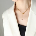 Gold titanium steel necklace featuring a round gold bead and a white pearl drop pendant - Gold Pearl Necklace (P633) / 40+5cm