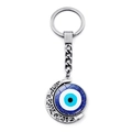 Porte-clés croissant de lune argenté avec un pendentif turc mauvais œil en verre - Style Concentrique Bleu Foncé (JY009120-2)