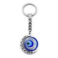 Porte-clés œil turc rotatif avec cadre en forme de lune en argent poli - Style Oeil Bleu à Motif d'Étoile (JY009120-4)