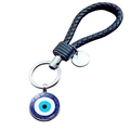 Blue Evil Eye keychain with black braided leather rope and silver metal ring charm - Classic Blue White Black Evil Eye (JY009122-2)