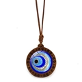 Ethnic blue evil eye pendant necklace with circular carved wood base and brown rope - Spiral Wood Evil Eye (JY009130-4)