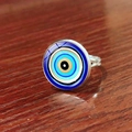 Adjustable silver evil eye ring with blue and white concentric enamel charm - Classic Multicolor Evil Eye Style (JY009127-1)