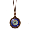 Vintage evil eye necklace with dark brown wooden frame and blue glass pendant charm - Spiral Wood Evil Eye (JY009130-5)