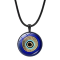 Evil Eye charm pendant with round blue glass pattern and black wax cord necklace - Yellow Blue Geometric Style (JY009123-5)