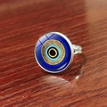 Turkish Evil Eye open ring with blue glass cabochon on a silver metal band - Gold Radial Pattern Evil Eye Style (JY009127-5)