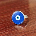 Adjustable silver Turkish Evil Eye ring featuring an intricate blue mandala design - Blue Mandala Pattern Evil Eye Style (JY009127-6)