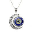 Silver crescent moon necklace with blue Turkish evil eye protection charm pendant - Scrollwork Moon Style (JY009126-5)
