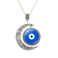 Vintage silver crescent moon necklace with blue evil eye pendant on white background - Ethnic Pattern Style (JY009126-6)