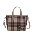 Borsa tote a scacchi rosa e marrone con ricamo bassotto e tracolla regolabile - Cachi chiaro