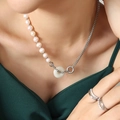 Ethnic pearl necklace with jade pendant and metal chain worn by a model - Steel Color Necklace (P1218)