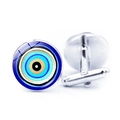 Gemelos redondos plateados para hombre con incrustación de vidrio del ojo turco azul - Estilo Clásico de Círculo Concéntrico Azul y Blanco (JY009133-1)