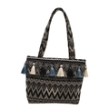 Borsa tote intrecciata in stile etnico con frange e motivi a zigzag colorati - Nero