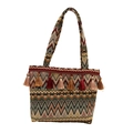 Borsa tote etnica in tessuto con motivi chevron colorati e dettagli di nappe vivaci - Verde