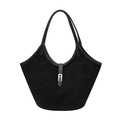 Black bucket tote bag in matte suede and litchi leather with silver turn-lock closure - Black