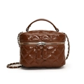 Brown quilted vanity box bag with silver chain strap and top handle in glossy leather - Brown
