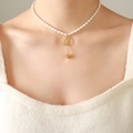 Baroque pearl necklace with gold letter D pendant and small square tassel for women - Gold (36+7cm)