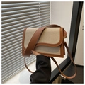 Detail of canvas shoulder bag with brown faux leather trim and dual strap options - Brown