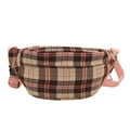 Fashionable plaid waist bag for women with pink nylon strap and unique triangle zipper - Pink