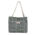 Green and white woven pattern tote bag with beige leather straps and logo plaque - No Pendant / Green