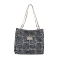 Navy and beige striped canvas tote bag with slim shoulder straps and logo patch - No Pendant / Blue