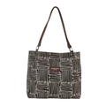 Women's casual tote bag with geometric woven pattern and brown leather straps - No Pendant / Brown