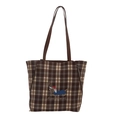 Borsa tote a quadri marrone e beige con ricamo a forma di cane e spalline sottili - Bassotto Marrone e Blu