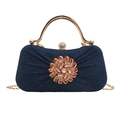 Pochette de soirée bleu foncé pailletée avec fleur en gemme champagne et chaîne dorée - Bleu