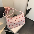 Pink corduroy underarm bag with cute strawberry prints and gold zipper closure - Pink