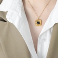 Gold chain necklace with a black square gemstone pendant on professional model - Gold Black Glass Necklace-40+5cm