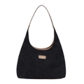 Borsa tote minimalista in velluto a coste nero con spalline marroni e patch logo - Nero