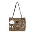 Bohemian leopard print bucket tote bag with brown leather straps and cloud plush charm - Coffee with Pendant