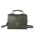 Dark green vintage handbag with lotus embossing and adjustable shoulder strap on white base - Green