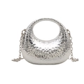 Silver crescent moon handbag with hammered metal finish and detachable chain strap - Style 3 (Circle Pattern) / Silver