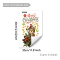 Detailed view of Christmas window sticker showing a tabby cat with green bow and holly - Merry Christmas Bow Tabby Cat (C20030)