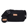 Black corduroy crossbody bag with adjustable wide strap and small round coin pouch - Black