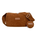 Dark brown corduroy crossbody camera bag with striped texture and small round coin purse - Yellow Brown