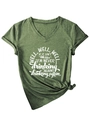 Detail of V-neck dark green T-shirt with hem knot design and white letter print - S / Hem Knotted Style (3812) / Olive Green (White Font)