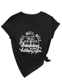 Detail of V-neck T-shirt showing printed lettering and stylish knotted hem design - S / Hem Knotted Style (3812) / Black