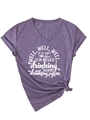 Detail of purple V-neck t-shirt with well well well text and side knot hem design - S / Hem Knotted Style (3812) / Purple