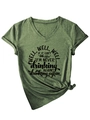 Detail of army green V-neck T-shirt with vintage letter print and stylish side knot design - S / Hem Knotted Style (3812) / Olive Green