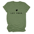 Detail of Let Them text and heart print on grass green cotton t-shirt with rolled sleeves - S / Olive Green