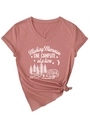 Detail of dusty rose V-neck T-shirt showing Making Memories camping print and front knot - S / Rose Gold (White Print)