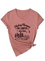 Detail of V-neck t-shirt in dusty pink featuring campfire and RV camping graphic print - S / Rose Gold (Black Print)