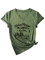 Detail of V-neck dark green T-shirt with camping print and stylish front knot hem - S / Olive Green (Black Print)