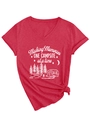 Detail of red V-neck T-shirt with 'Making Memories' camping graphic and knotted hem - S / Red (White Print)